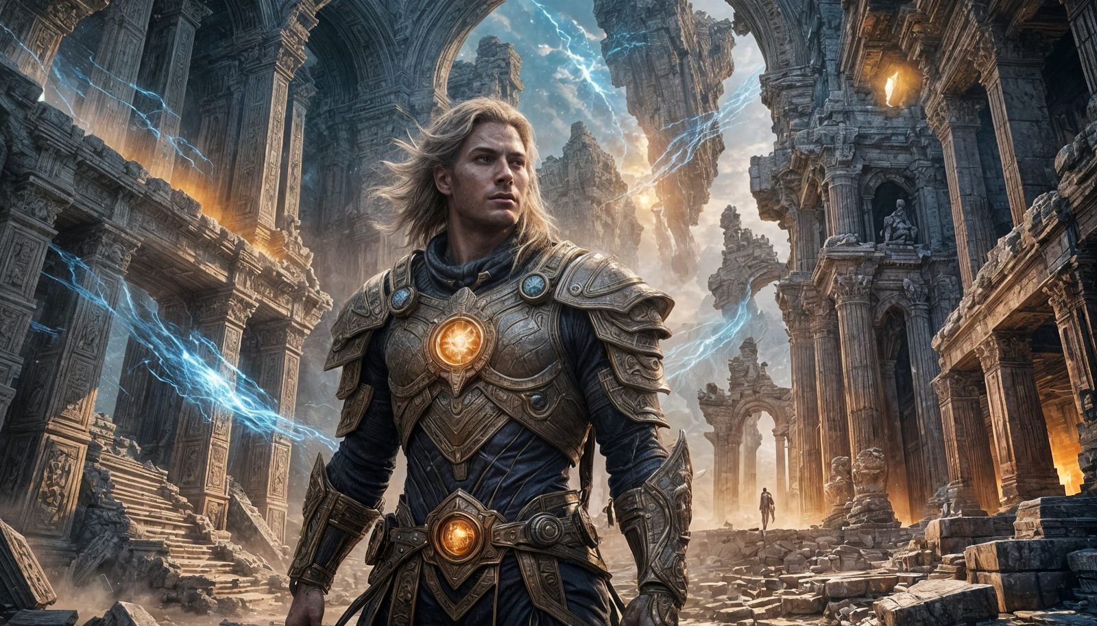 Humanoid celestial beeing of white light, ruins of the city of the Ancient