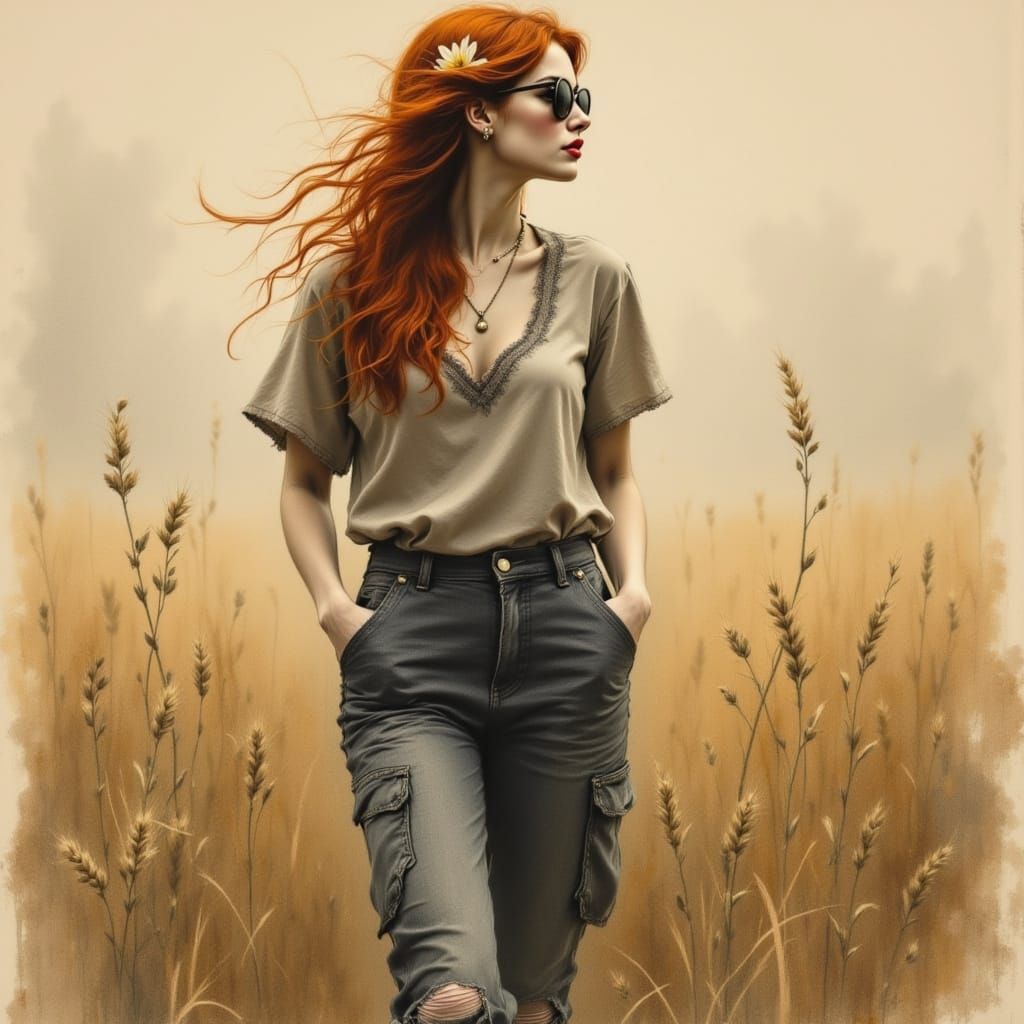 Auburn Haired Woman in Hazy Meadow, as Charcoal Sketch