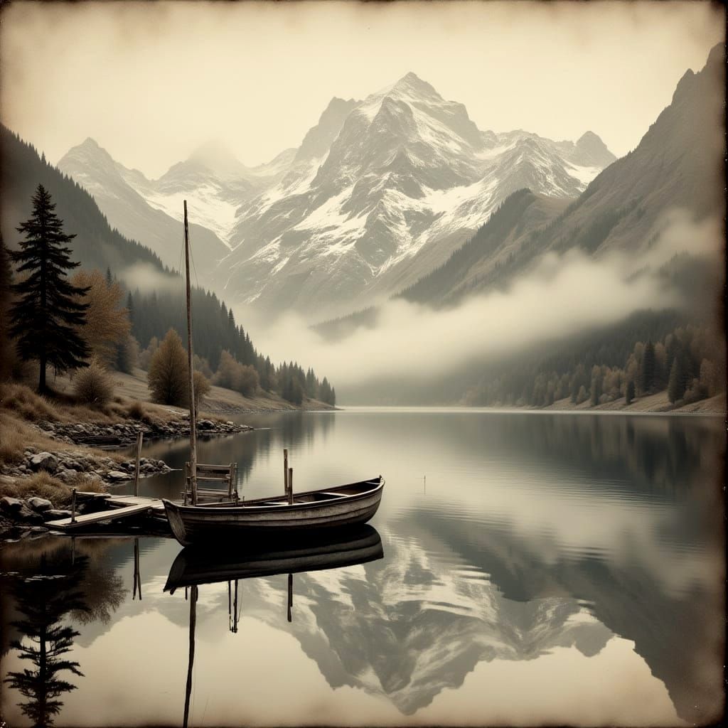 Serene Alpine Lake Reflections in Vintage Style