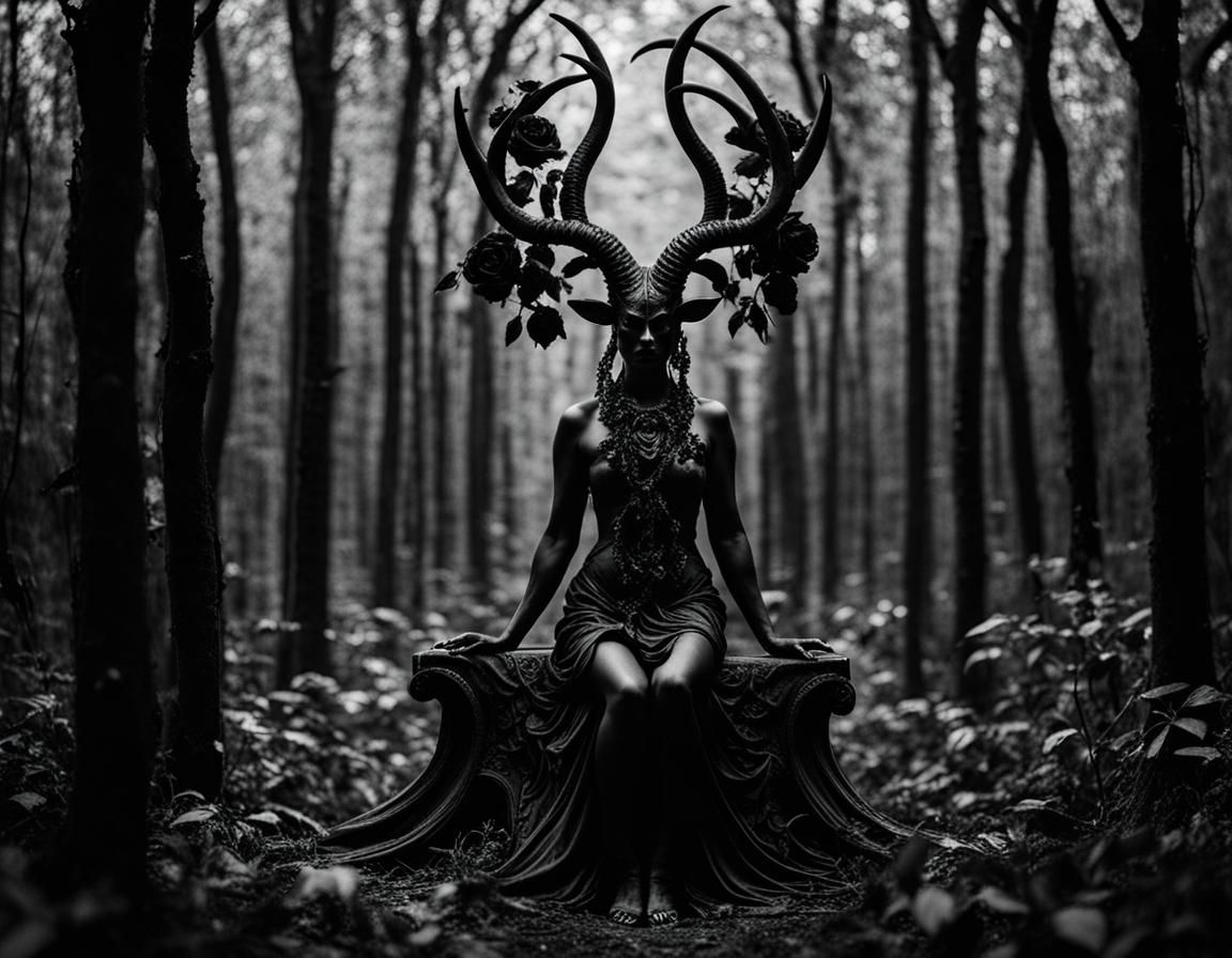 Miniature Baphomet in Black Ink Landscape