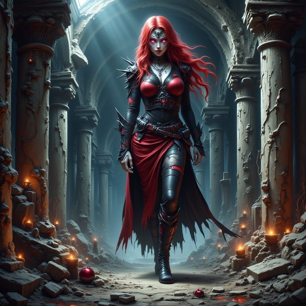 Giant Redhead Explore Lost Underground City in Leather Outfi...