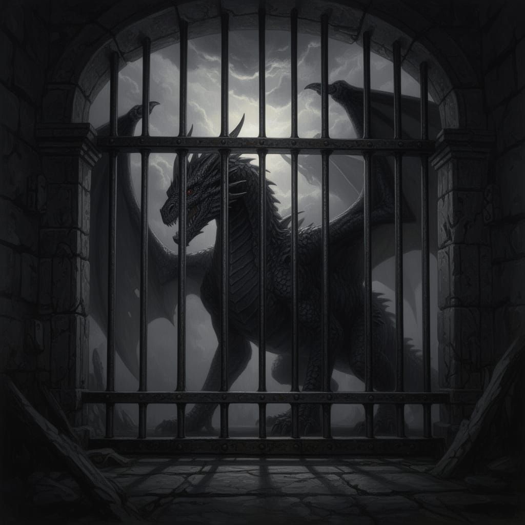 Colossal Dragon Imprisoned in Dark Fantasy Cell
