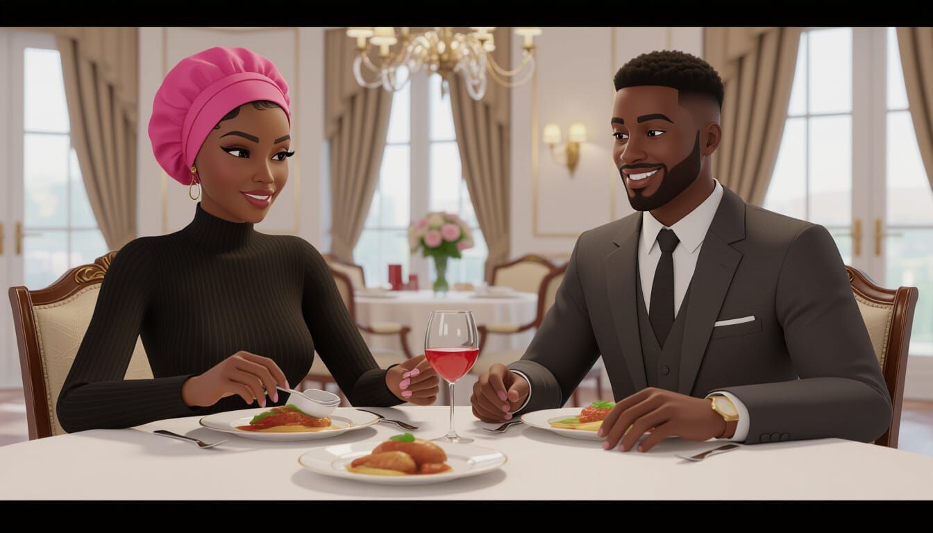Animated Portrait of African Woman Serving Dinner