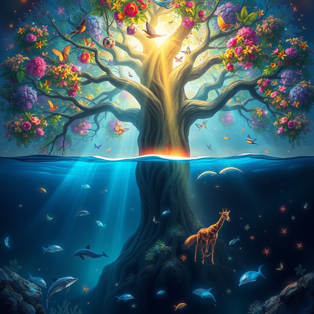 Majestic Tree Separates Realms in Vibrant, Magical Scene