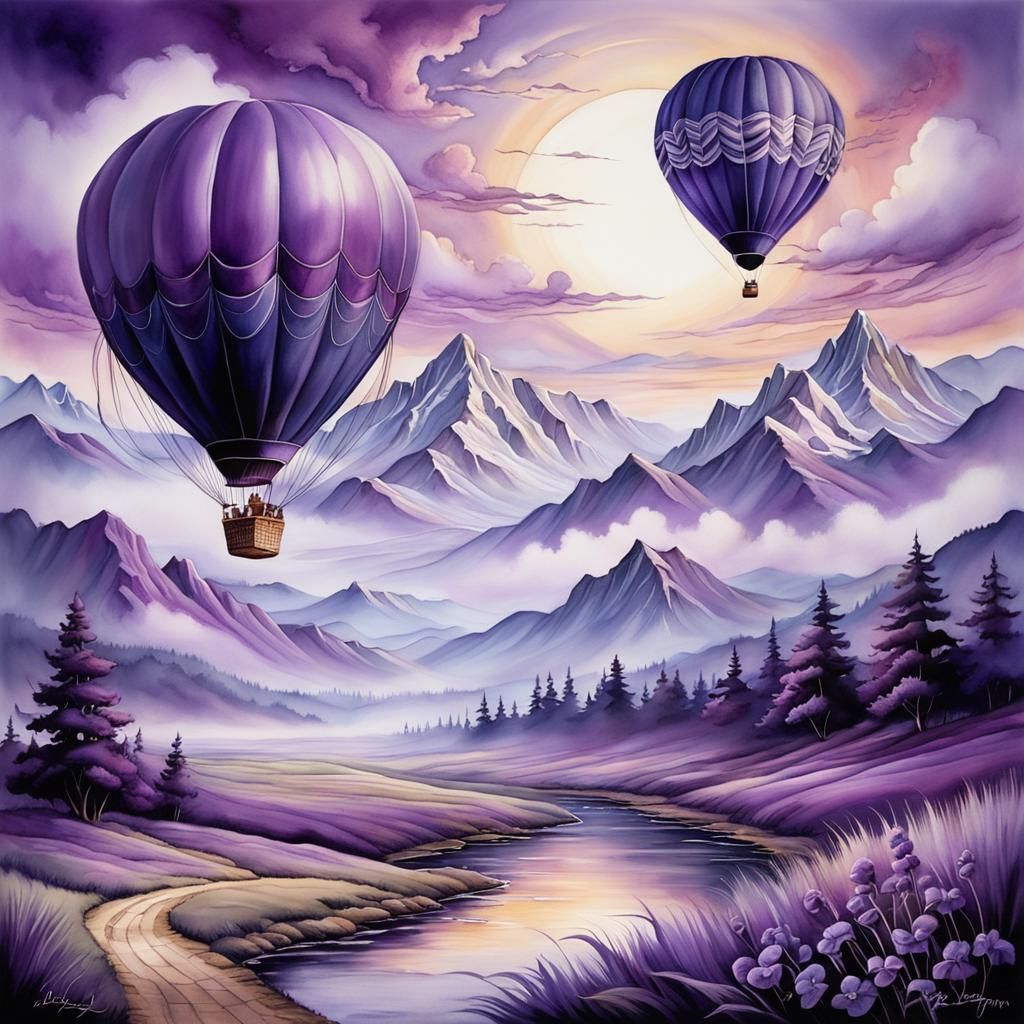 Purple Landscape with Hot Air Balloon Painting