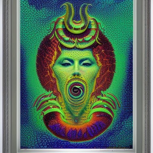 Perseus with Gorgon Head in Hyperrealistic Pointillism