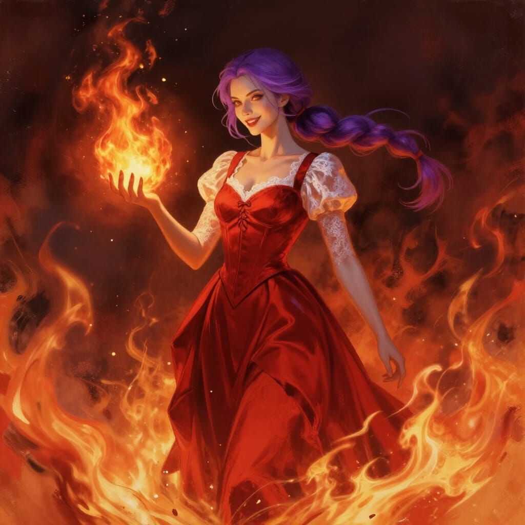 Fantasy Sorceress Wielding Fireball in Dramatic Lighting