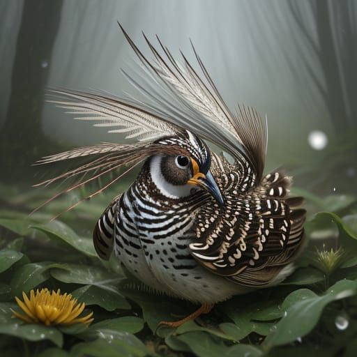 Hyper-Realistic Striped Quail Amidst Fractal Fantasy Flowers...