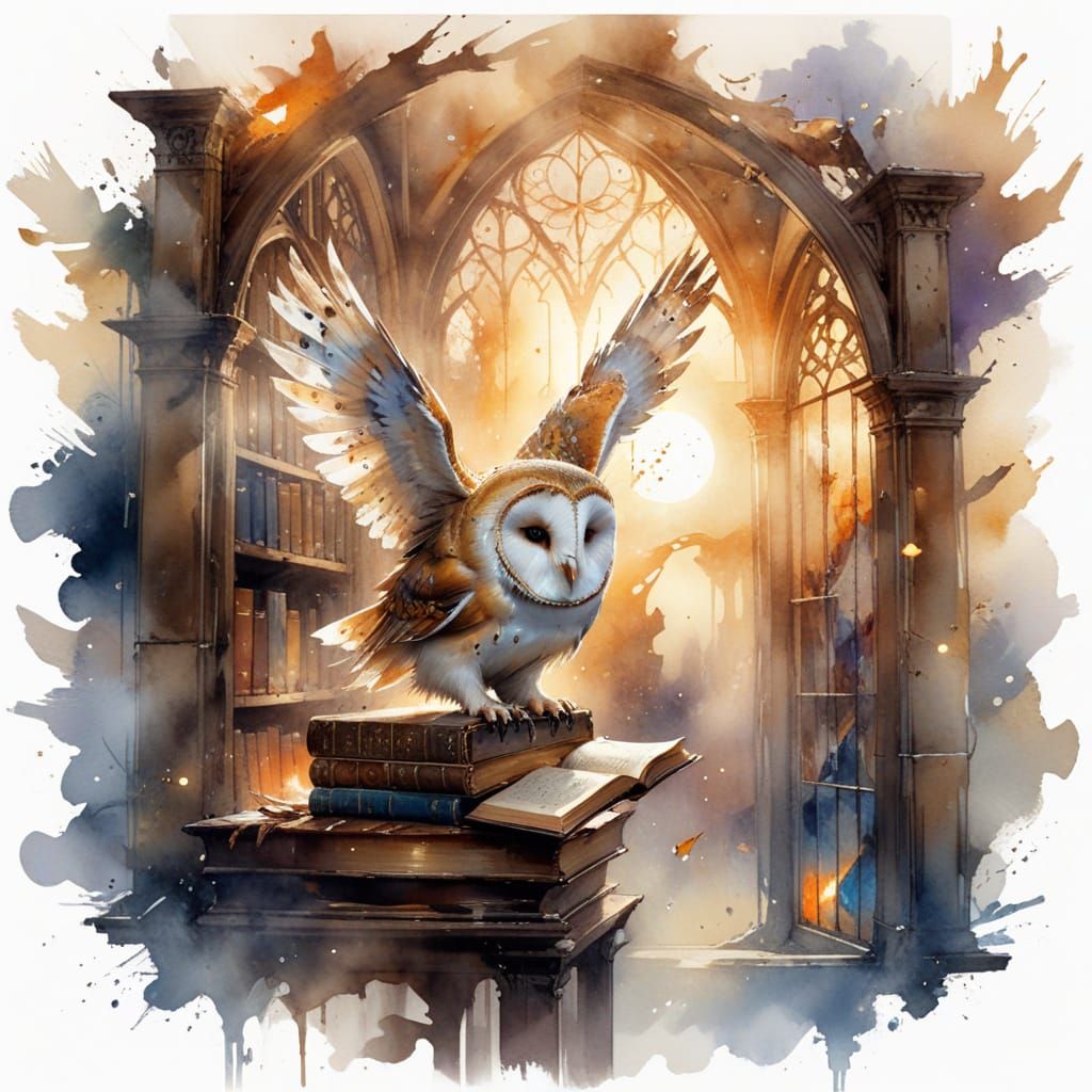 Barn Owl Librarian in Grand Library: Watercolour Art