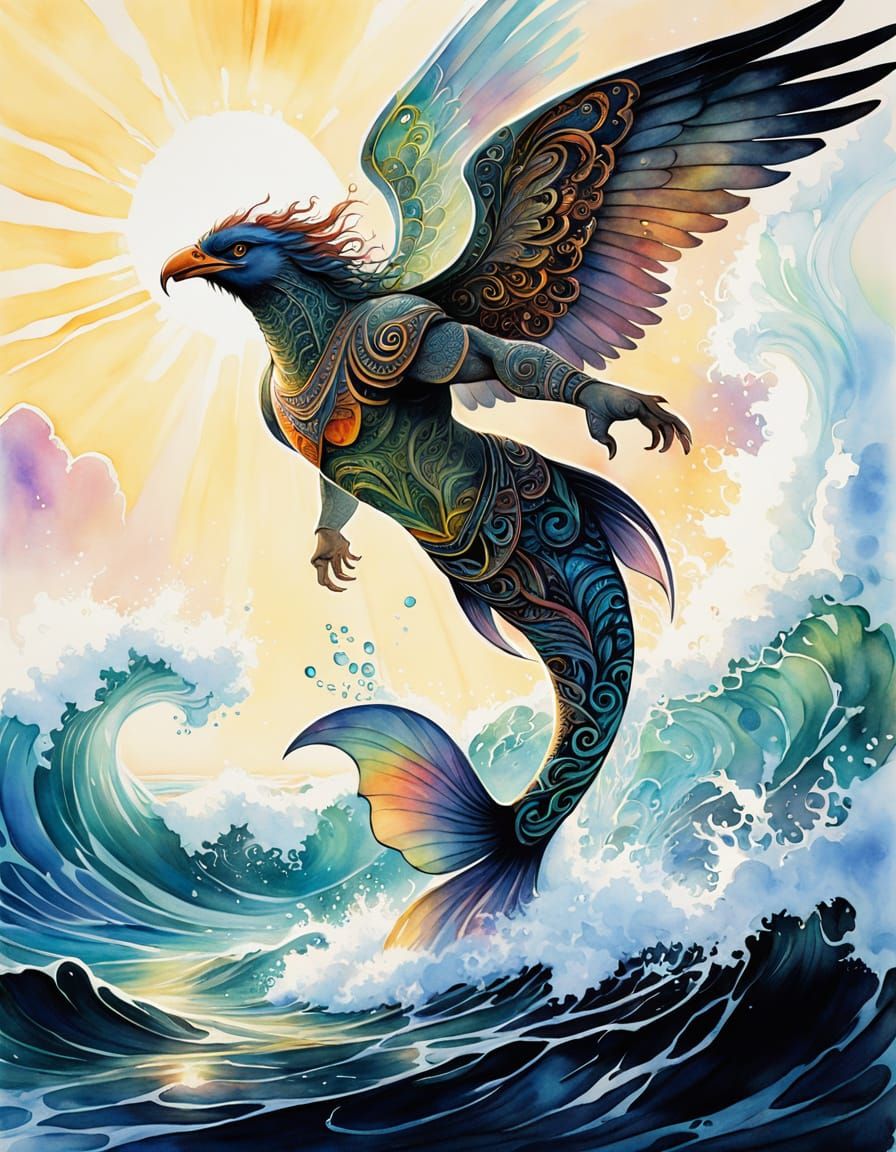 Maori Manaia Creature Rises From Sea in Watercolor