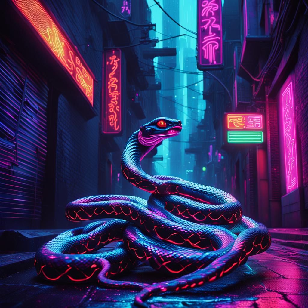 Synthwave Robot Snake in Neon Noir Alleyway