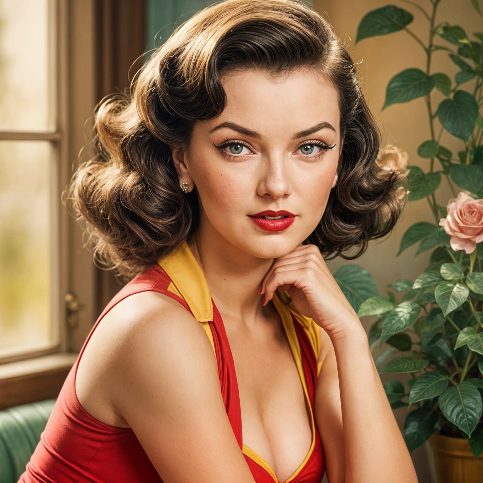 Vintage Pin-up Girl in Red Blouse and Yellow Shorts, 1950s W...