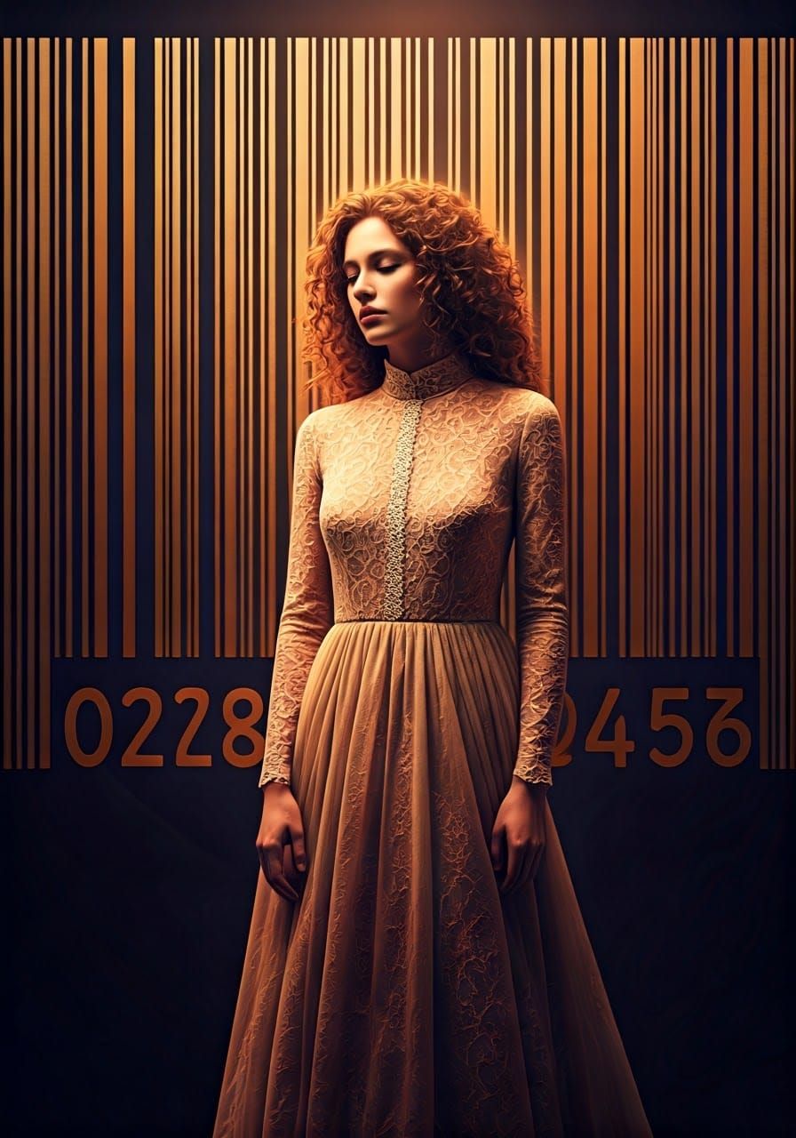 Woman in Dreamlike Barcode Landscape