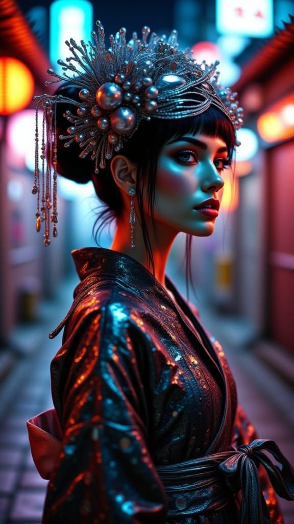 Futuristic Geisha in Neon Tokyo Cyberpunk Style