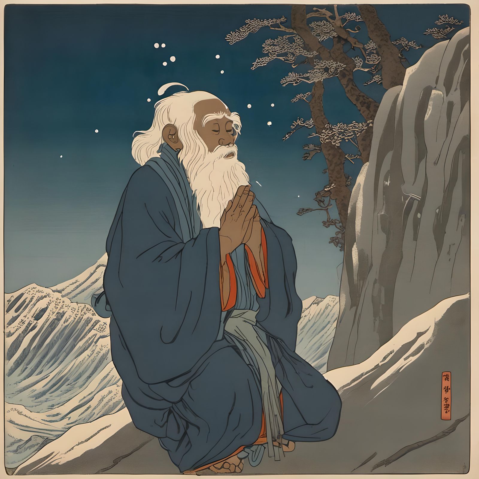 Tibetan Monk Praying in Ukiyo-e Woodblock Style