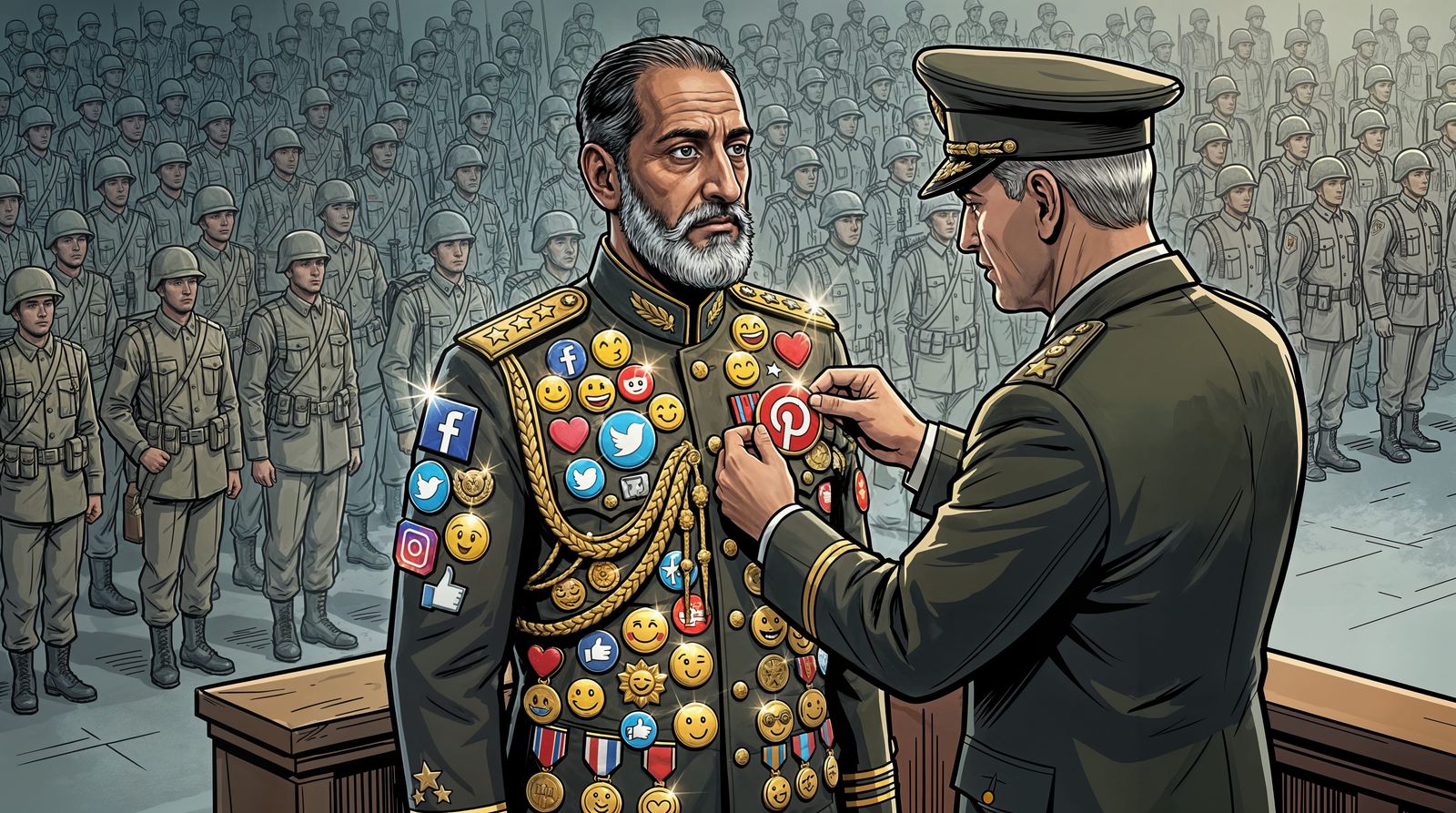 Man in Emoji Medal Military Uniform on Podium