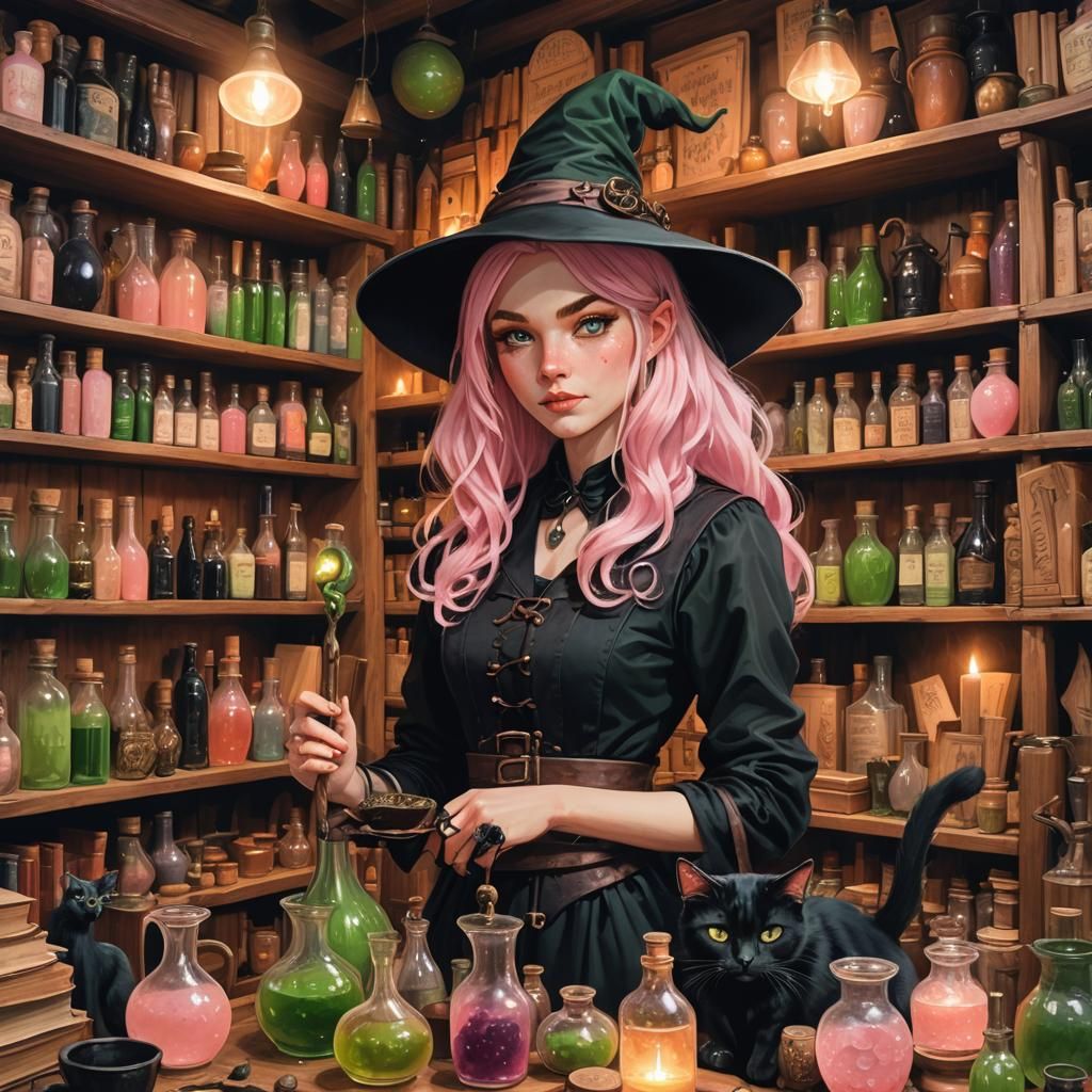 Young Witch in Potion Shop: Fantasy Art
