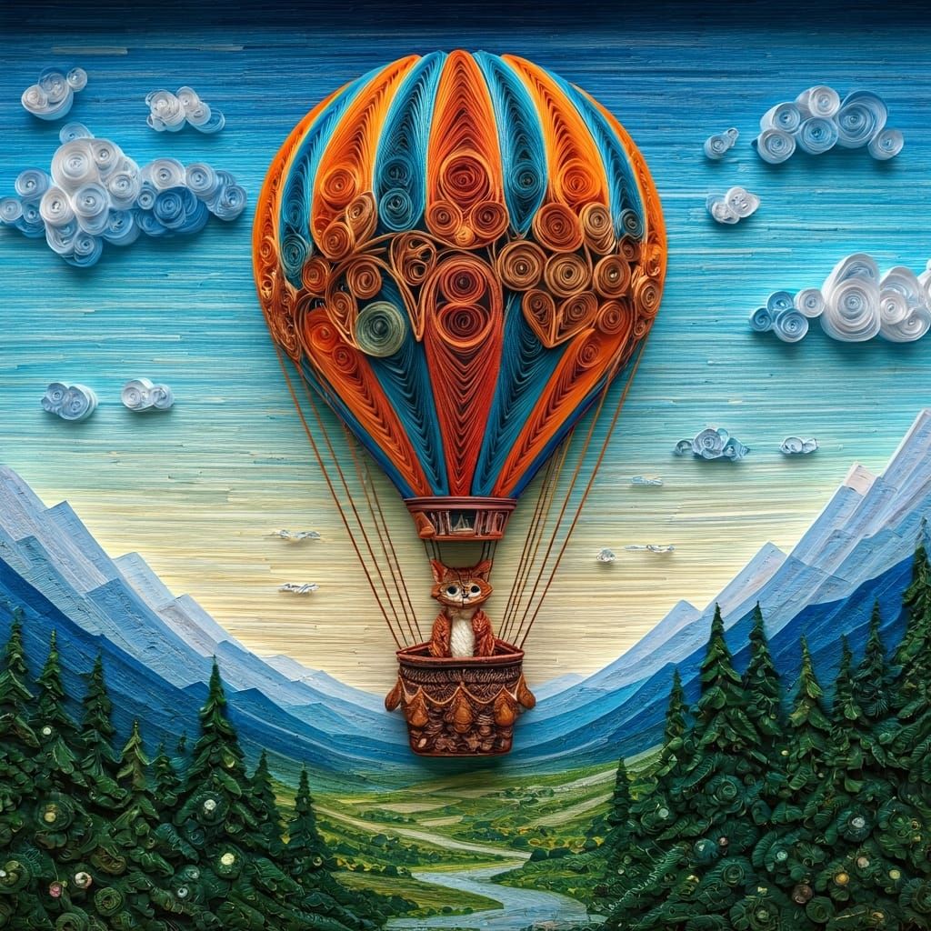 Colorful Hot Air Balloon in Mixed Media Art