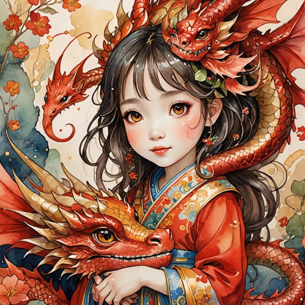 Cute Chibi Girl Cuddling Dragon: Watercolor Illustration