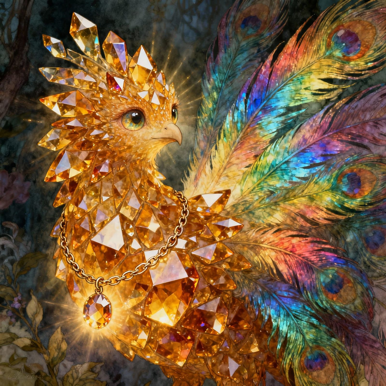 Radiant Amber Creature with Rainbow Feathers