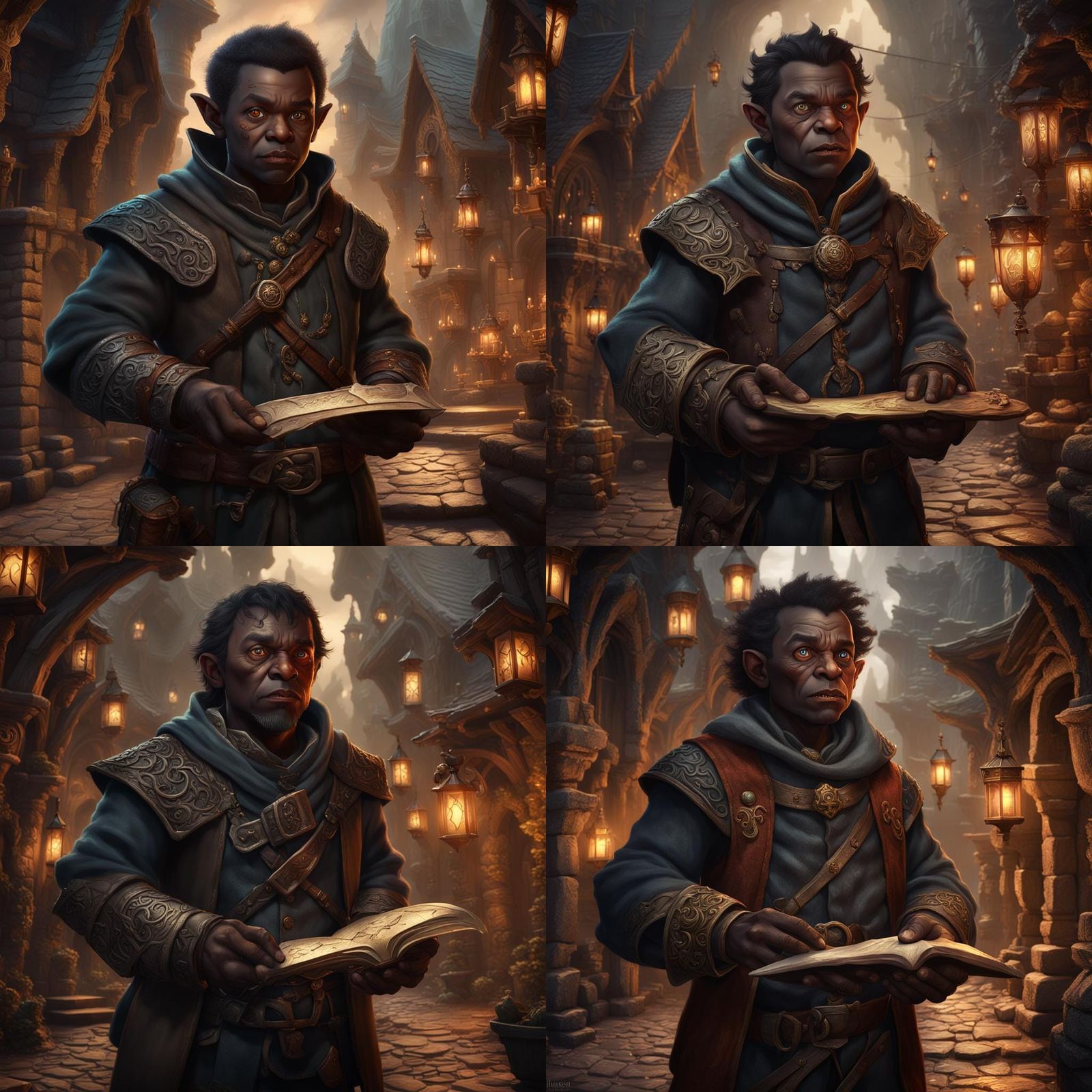 Dark Fantasy Halfling Merchant Amidst Scrolls