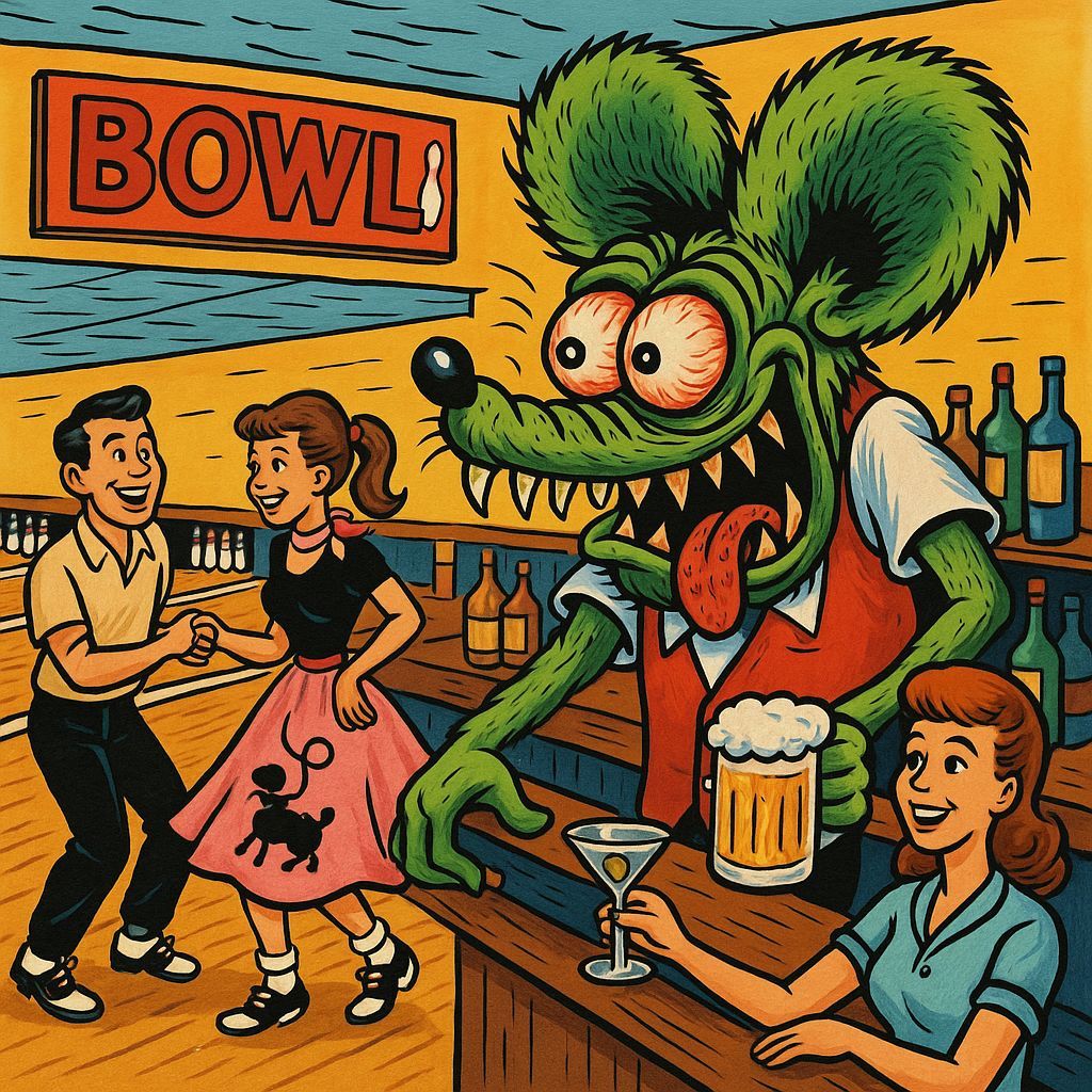Ratfink Monster Bartender in Retro Bowling Alley