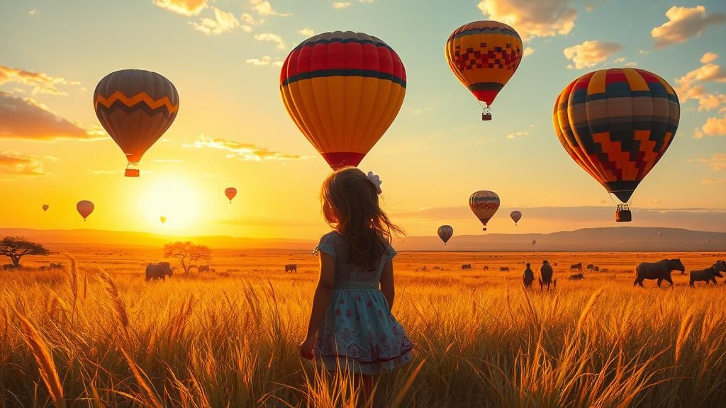 Sunset Savannah: Girl with Hot Air Balloons