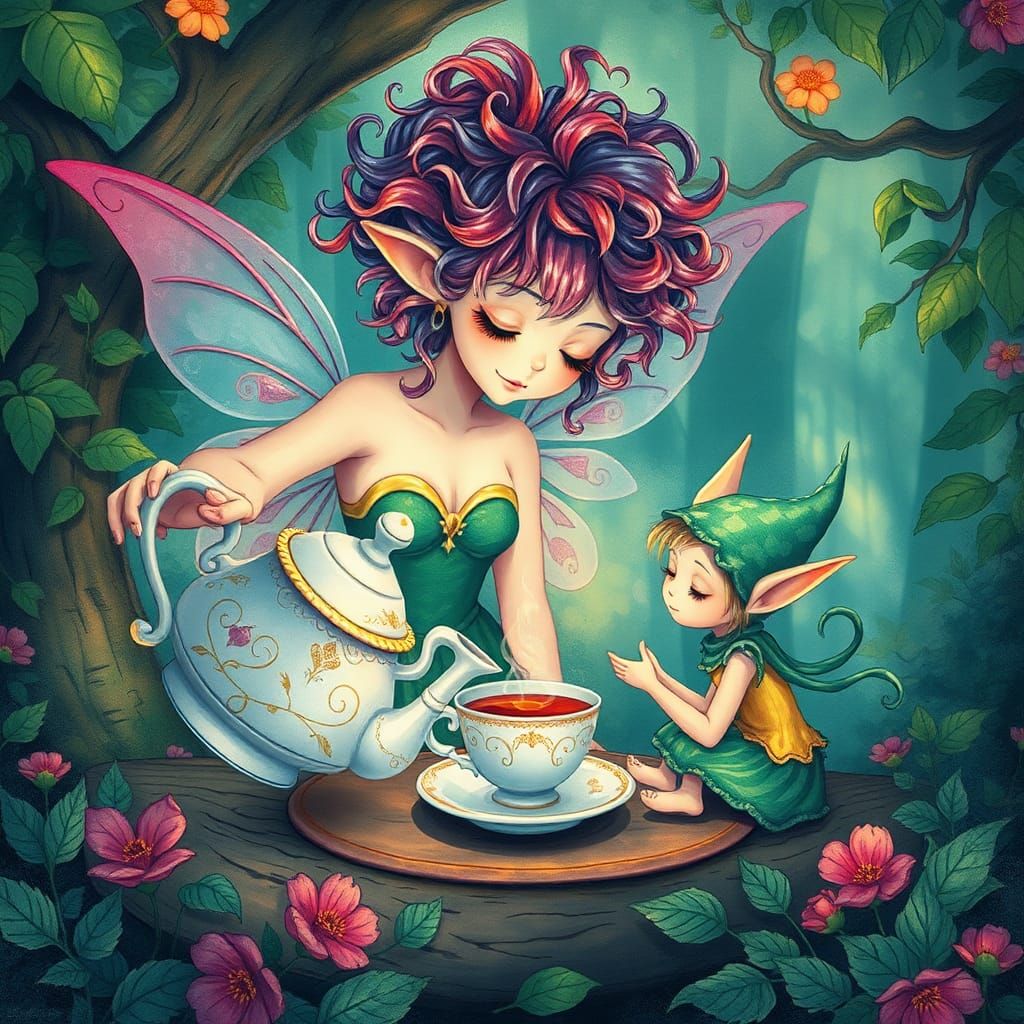 Ethereal Fairy Tea Party in Watercolor Illustration Style