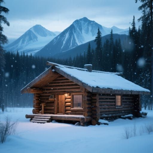 Rustic Log Home in Alaskan Winter Landscape