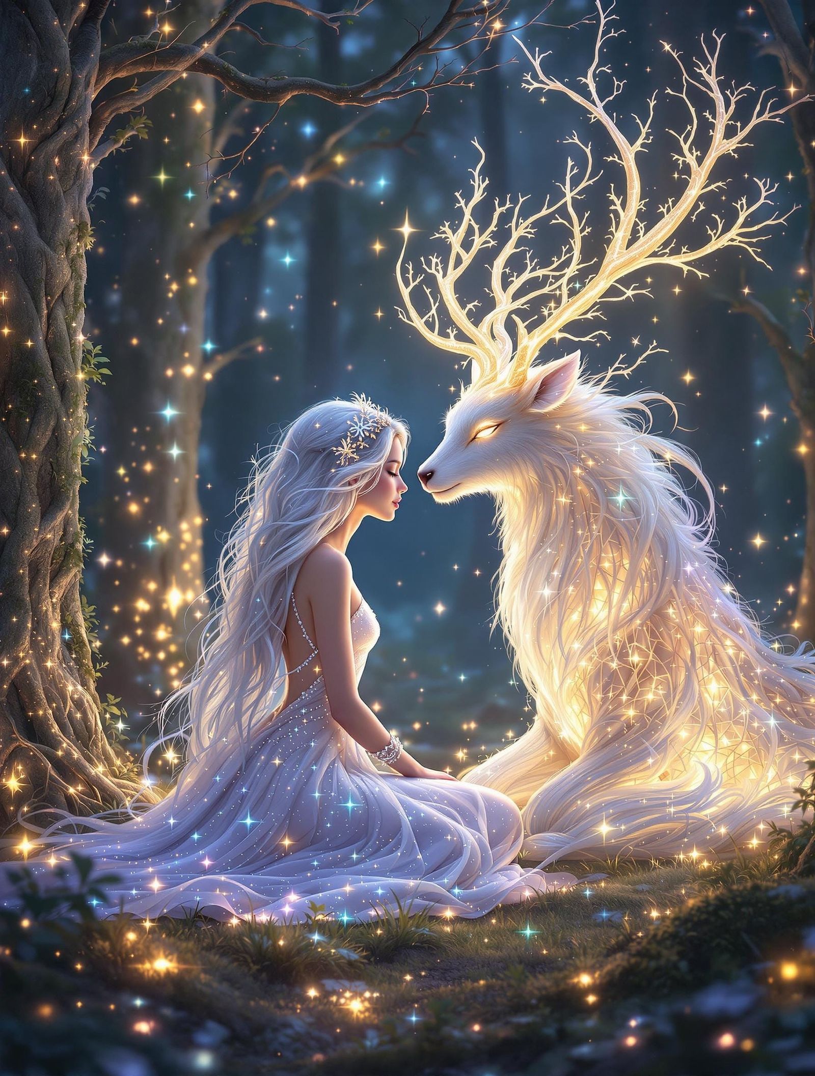 Celestial Fairy Encounters a Radiant Deer in a Glowing Fores...