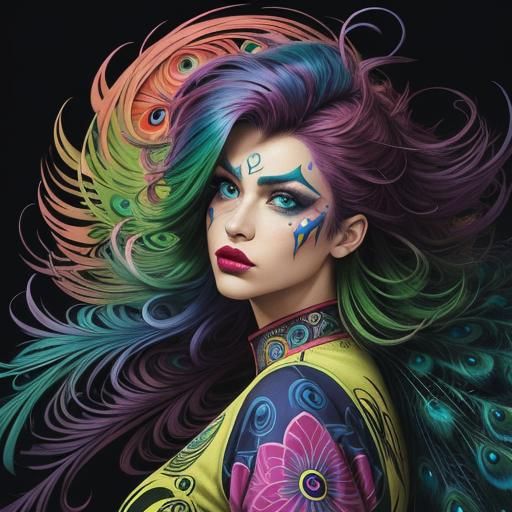Rainbow Woman with Peacock Feathers in Comic Book Style