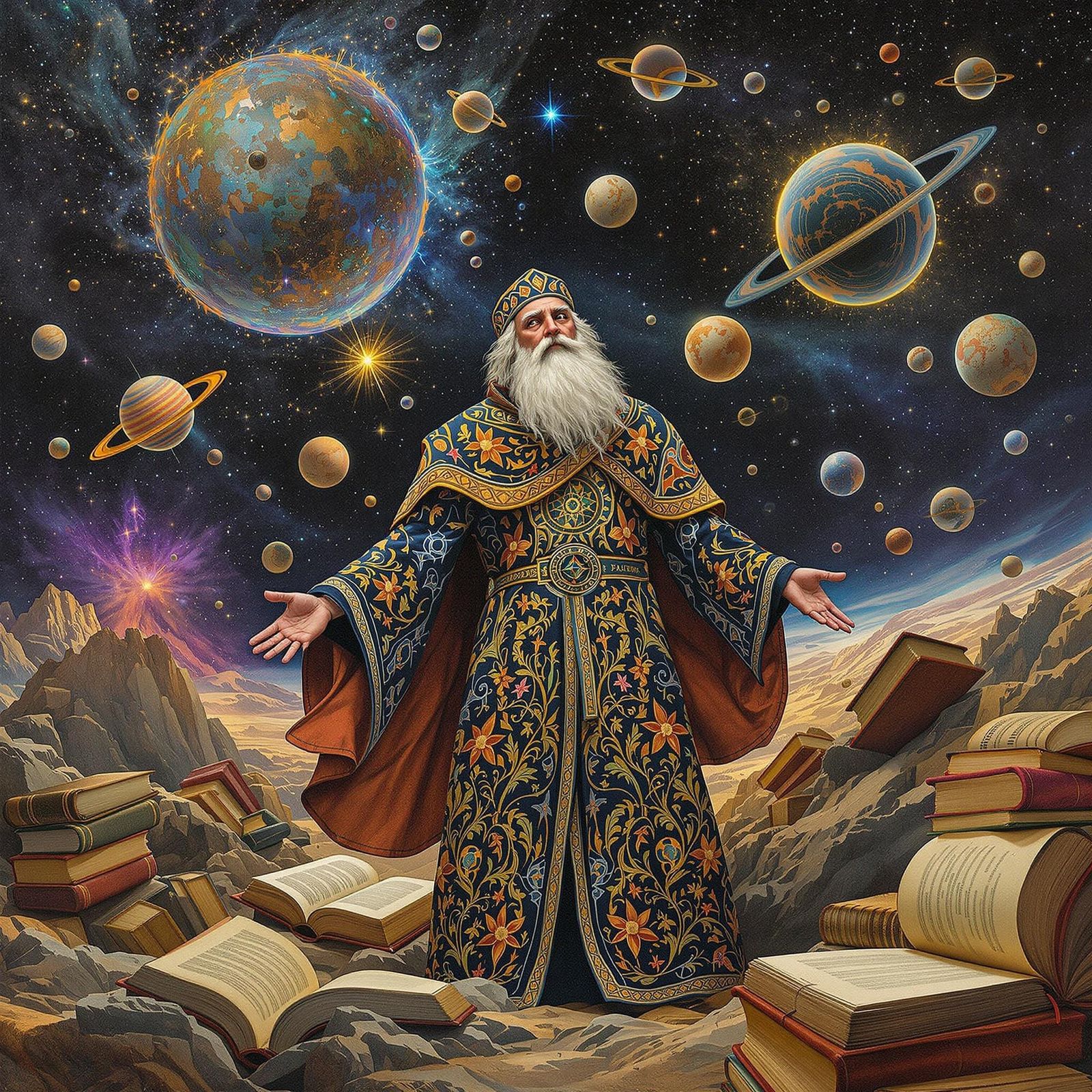 Galactic Archivist with Orbiting Tomes in Medieval Style