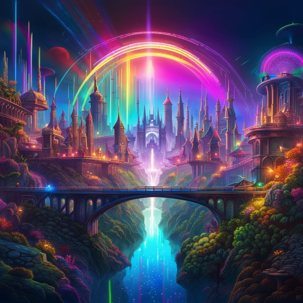 Neon Cyberpunk City with Rainbow Halo, Panoramic View