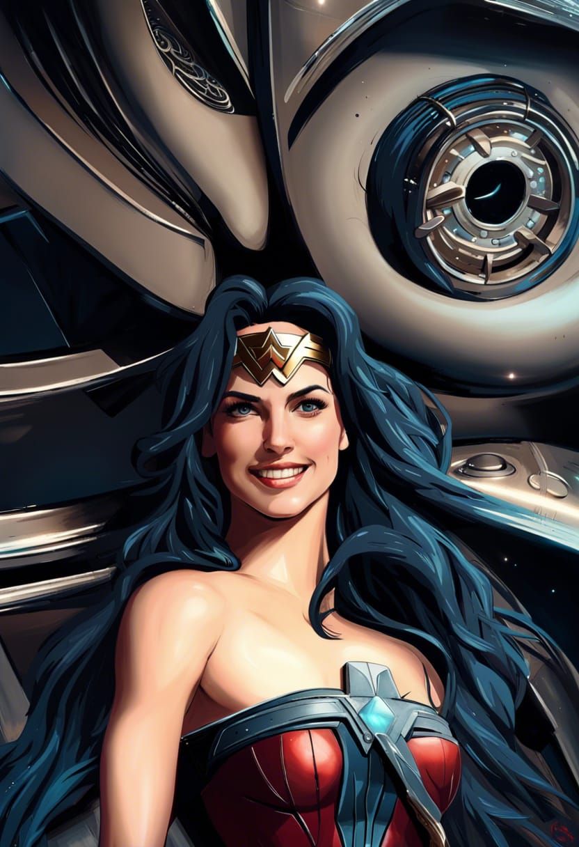 Wonder Woman on Sci-Fi Spaceship in Detailed Digital Art