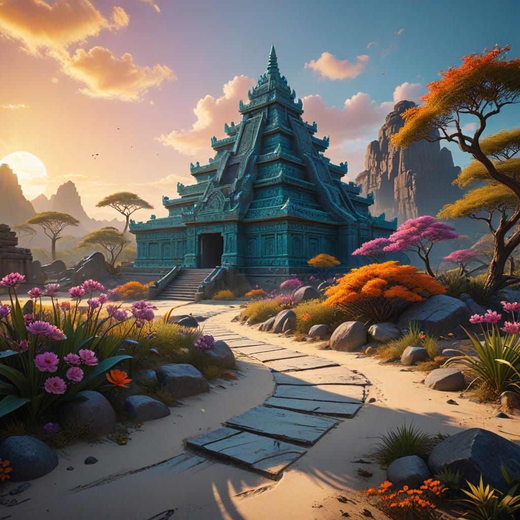 Ancient Mayan Temple Rises in Vibrant Sunset Oasis