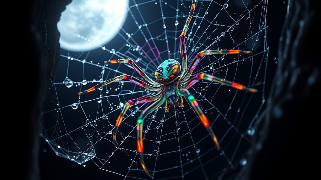 Colossal Bioluminescent Rainbow Spider in Moonlit Crevasse