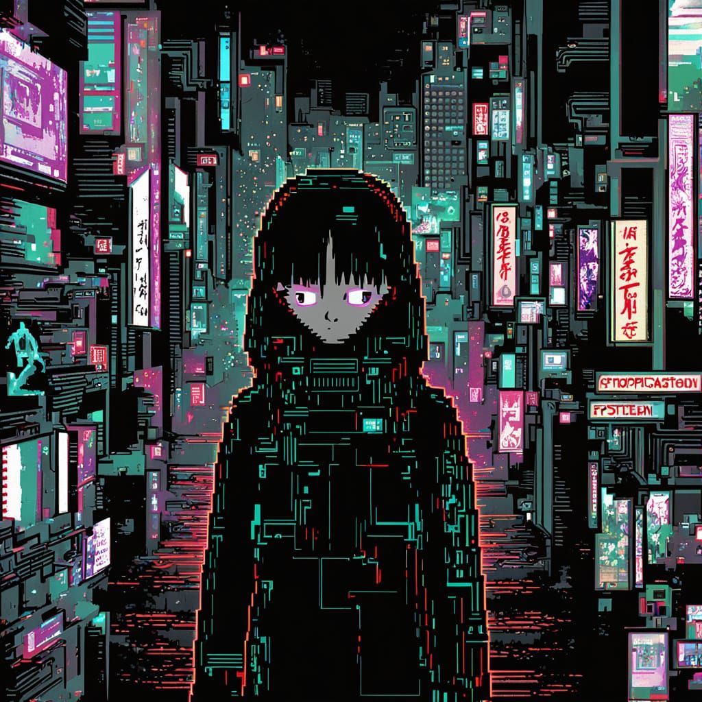 Serious Schoolgirl Warrior in Cyberpunk City