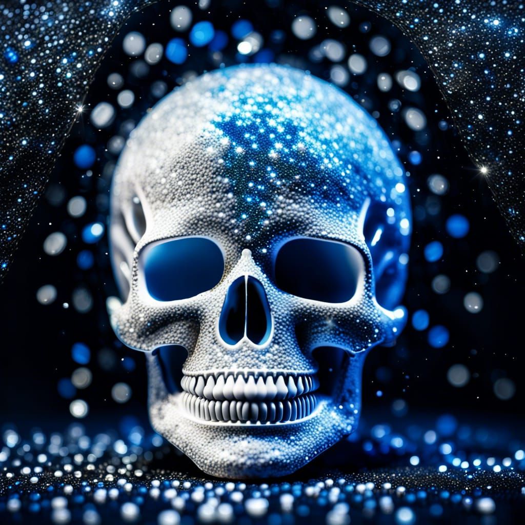 Elegant Skull Covered in White and Blue Glitter