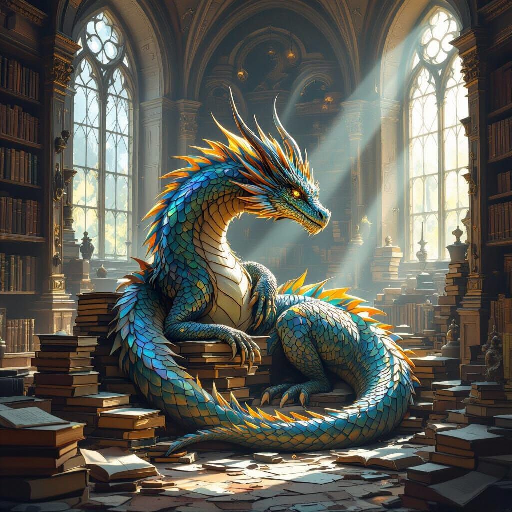 Majestic Dragon in Ancient Library, Epic Fantasy Art