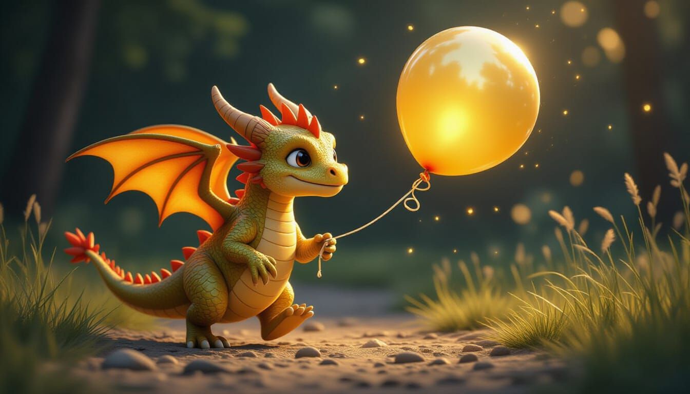 Adorable Dragon Runs with Dragon Balloon