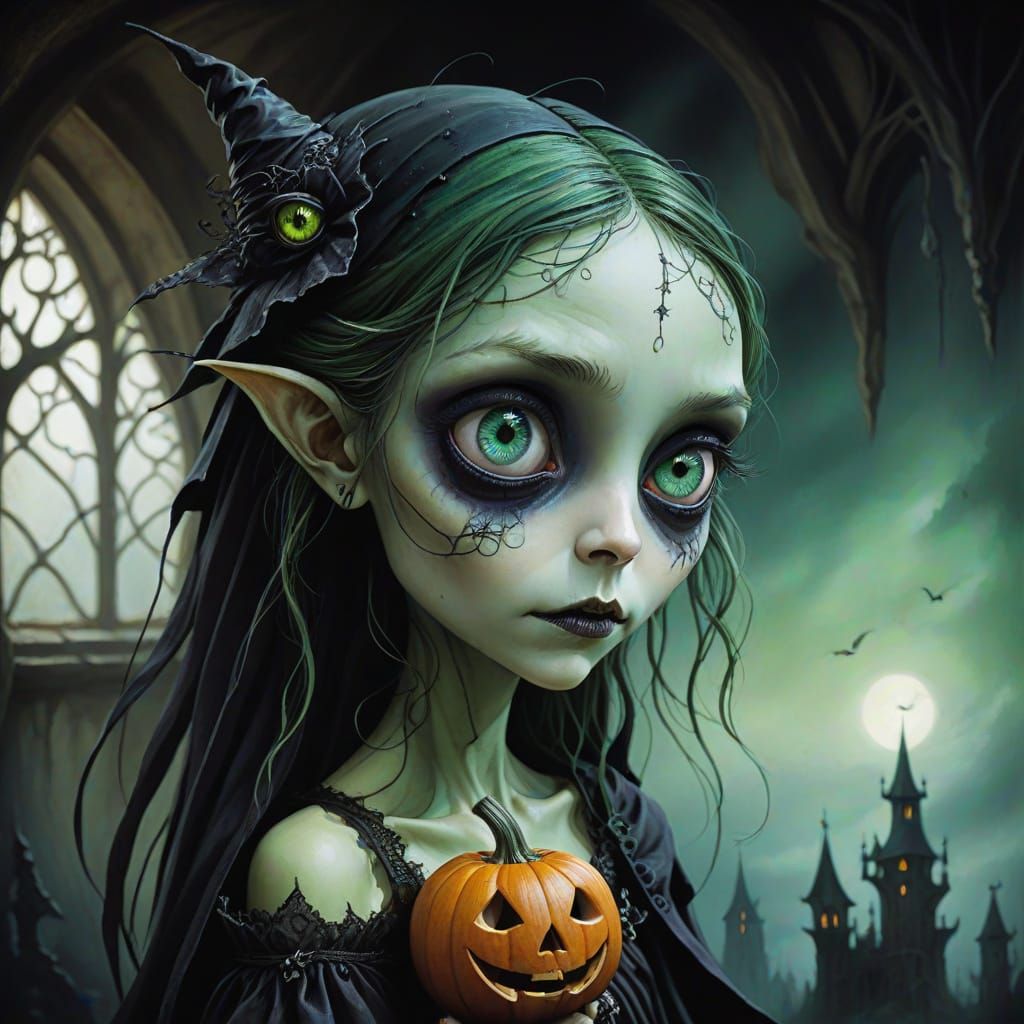 Whimsical Witchling Creeping From Shadows in Dark Fantasy St...