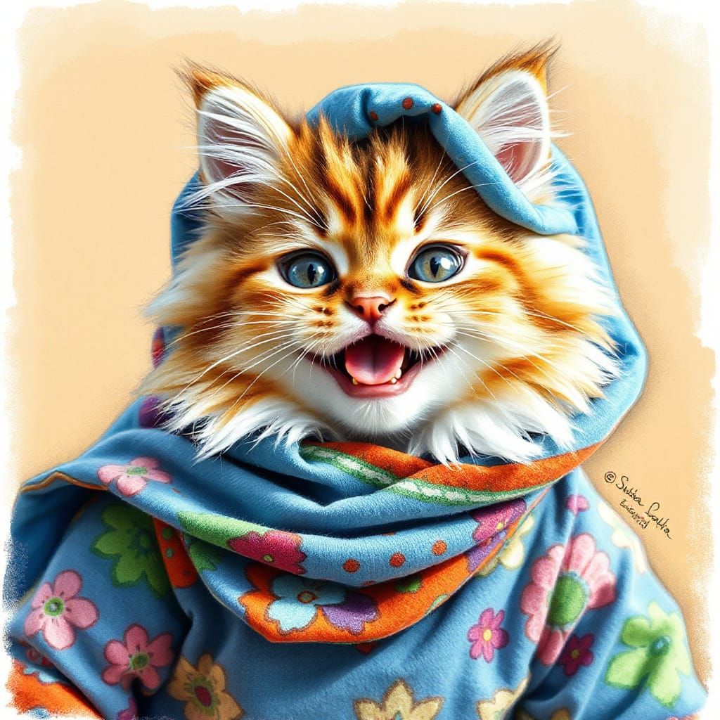 Smiling Kitten in Hijab, Color Pencil Sketching Style