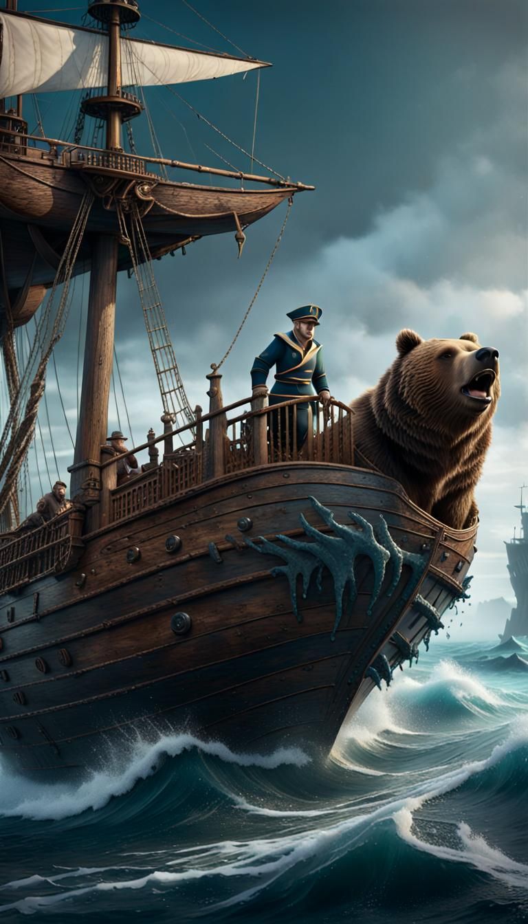 Grizzly Sailor Navigating the Ocean on Wooden Ship