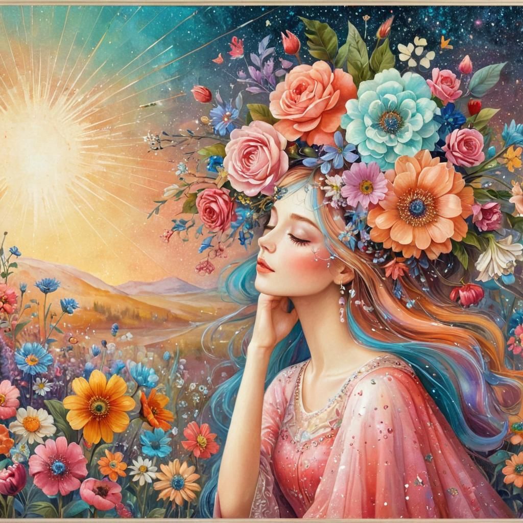 Naive Art Woman with Flowers in Whimsical Landscape