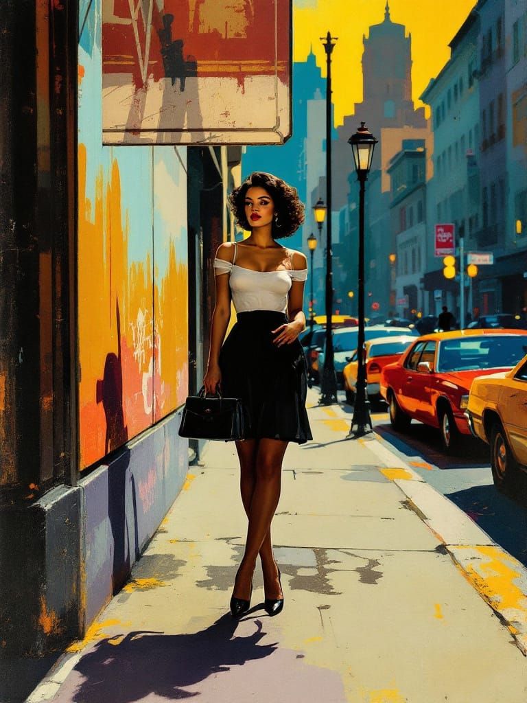 1950s Pin-Up Woman on City Sidewalk in Bold Warm Tones