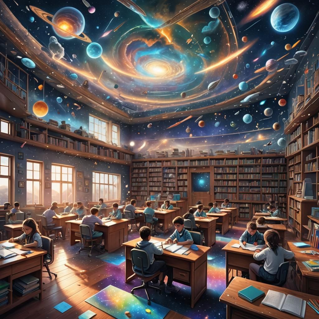 Floating Classroom in Space: Cosmic Illustration