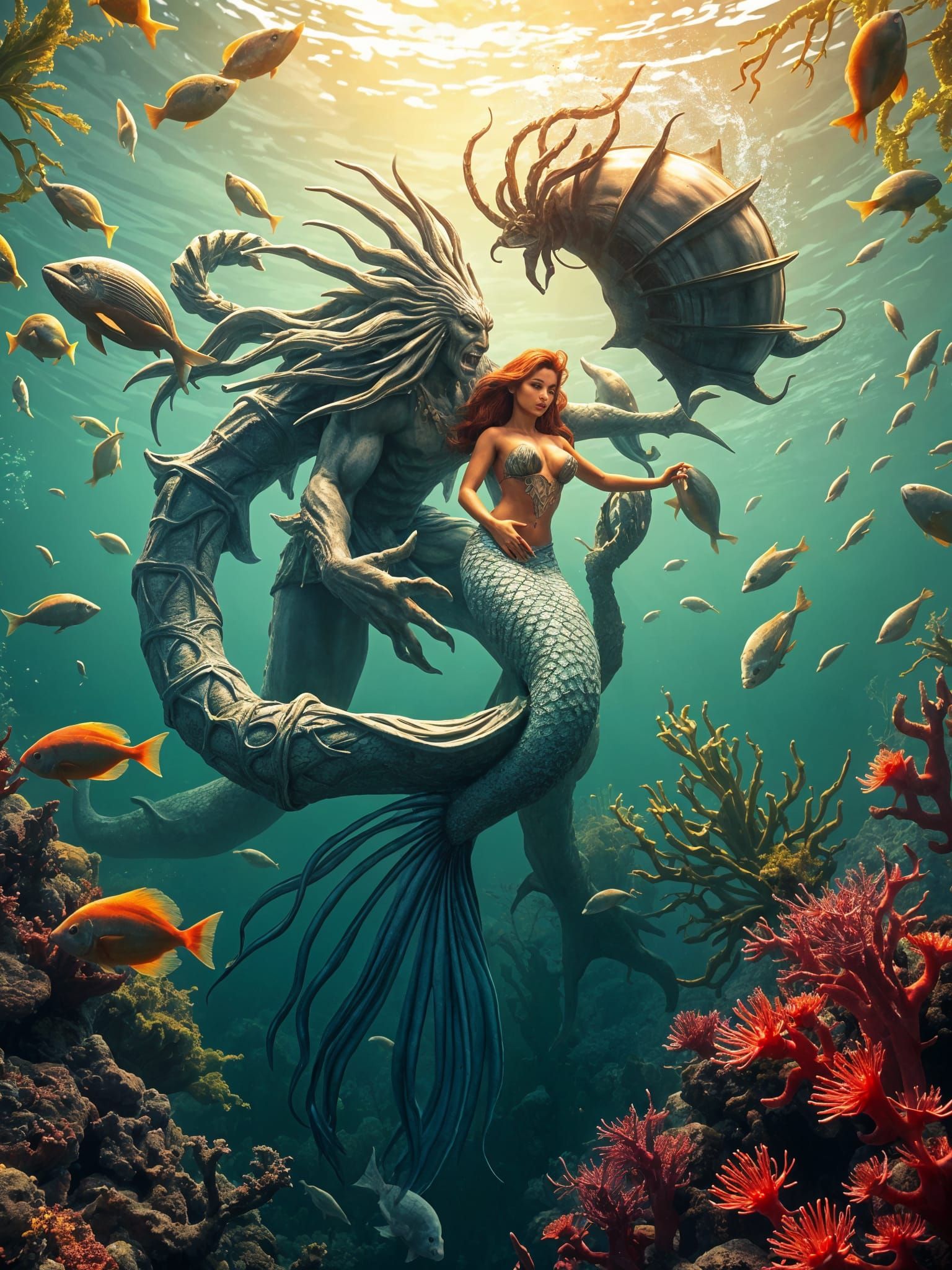 Triton and Mermaid in Underwater Embrace
