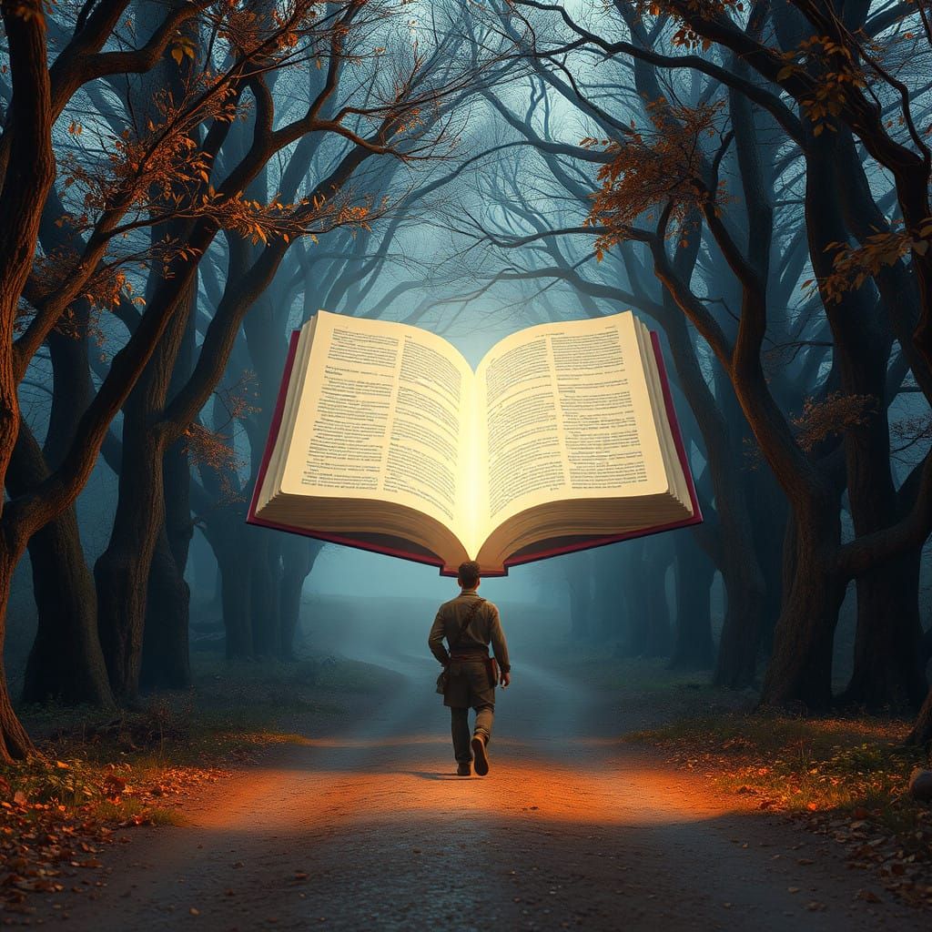 Man Walks Down a Winding Road to a Glowing Open Book in a Wh...