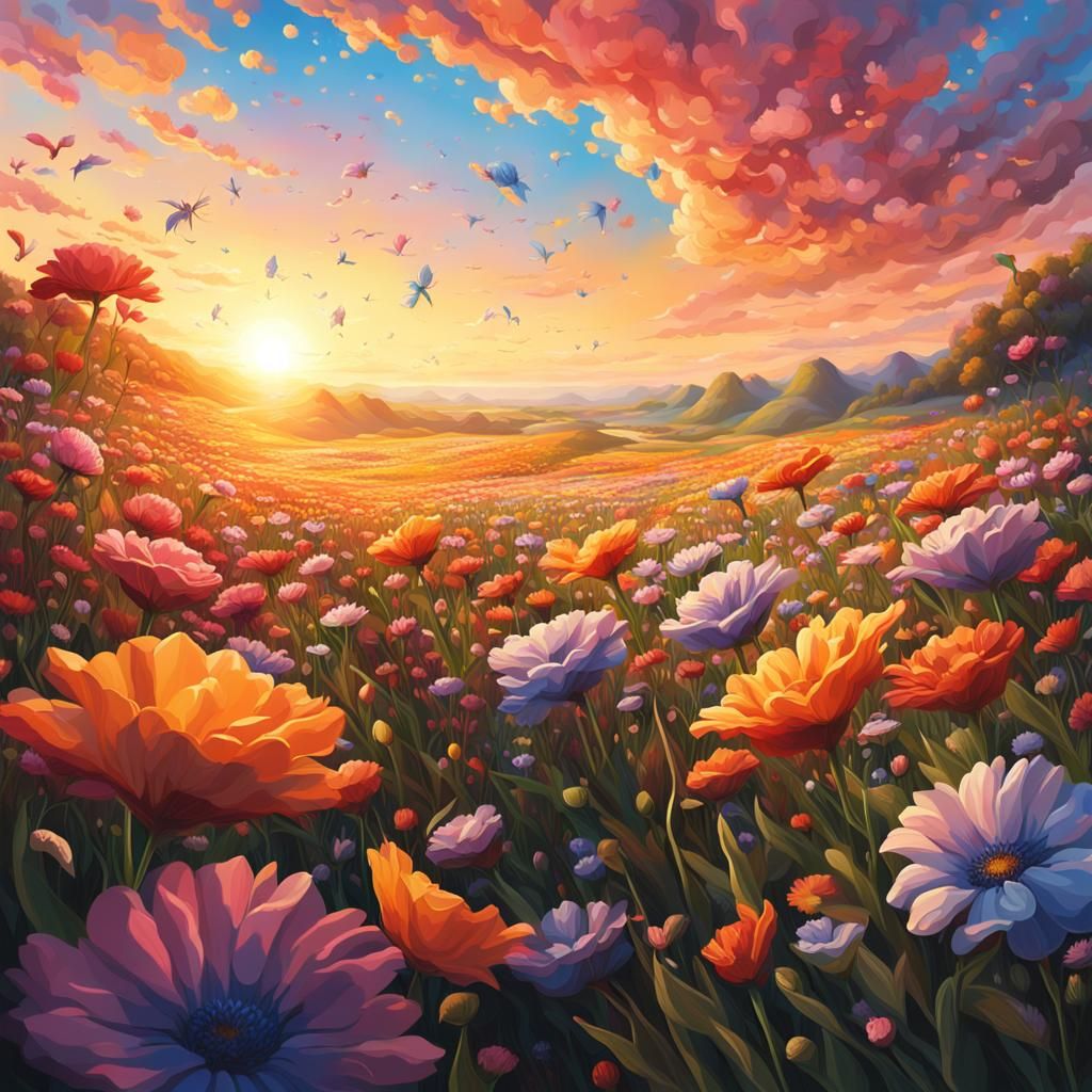 Hyperrealistic Sunrise Over Flower Field: Splash Art