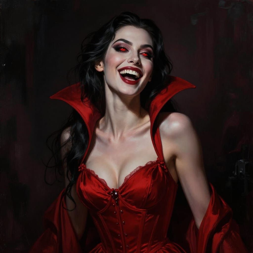 Beautiful Woman in Red Dress Laughs with Vampire